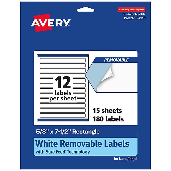 Avery Matte White Removable Rectangle Labels, Sure Feed Technology, Print-to-The-Edge, 5/8" x 7-1/2", 180 Removable Labels, Laser/Inkjet Printable 180 labels
