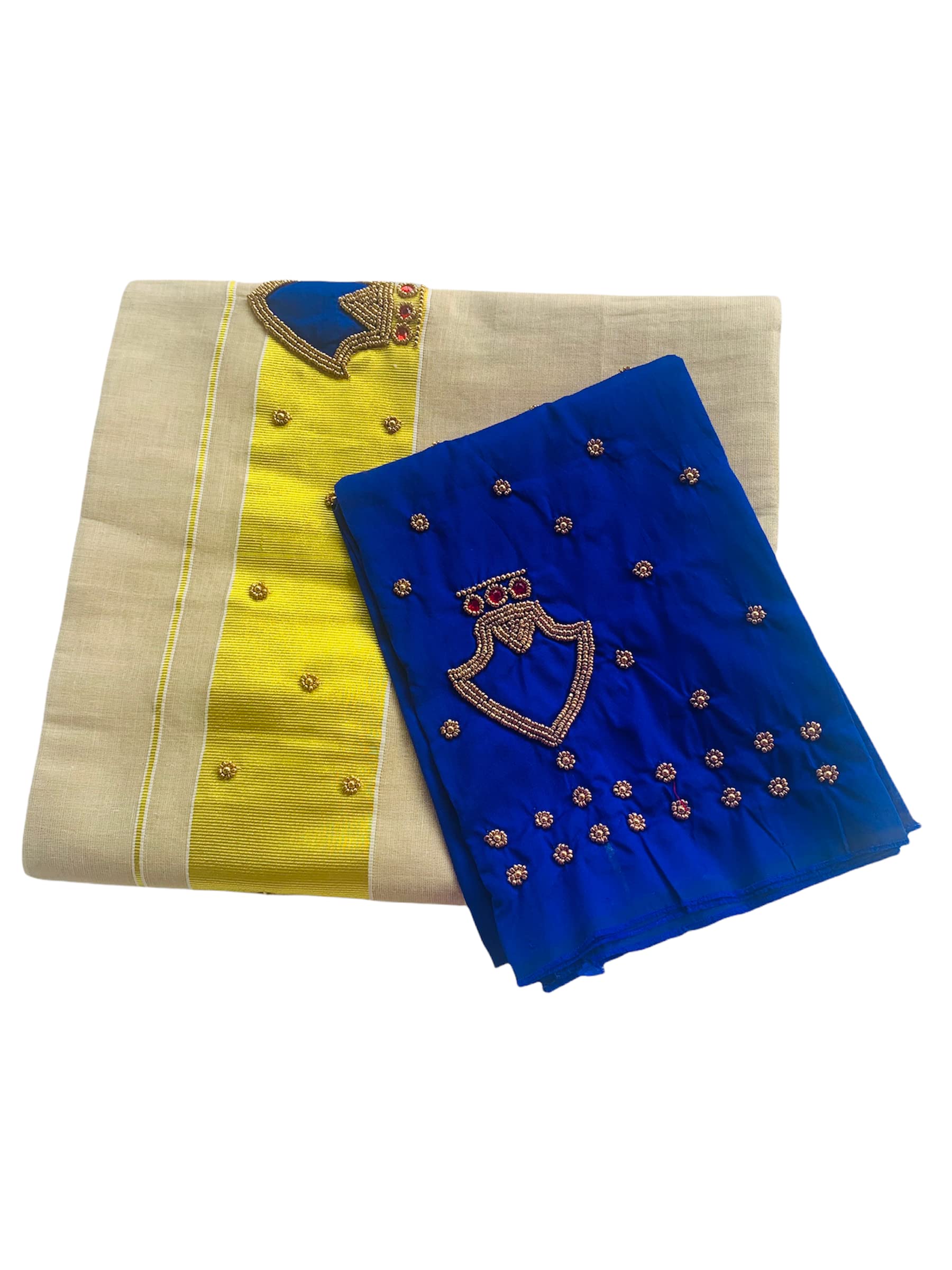 Kuthampully Kerala Kasavu Sarees For Women | Handcrafted Aari work Palakka Kerala Sarees | Tissue Onam Saree With Running Blouse | South Indian Sarees | Women's Zari Kasavu | EKM-595 (Blue)