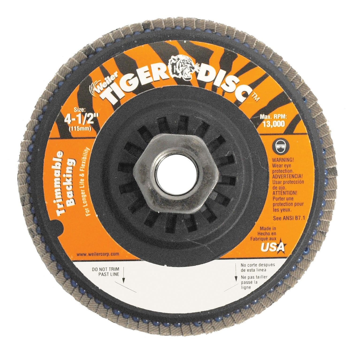 Weiler 804-50007 Tiger Trimmable Type 29 Angled Flap Disc, Zirconia Alumina, 4-1/2", 60 Grit, 5/8"-11" UNC, 13000 rpm