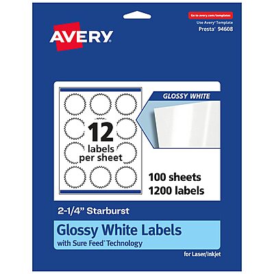 Avery Glossy White Starburst Labels, Sure Feed Technology, 2.25", Print-to-The-Edge, Permanent Adhesive, Laser/Inkjet Printable