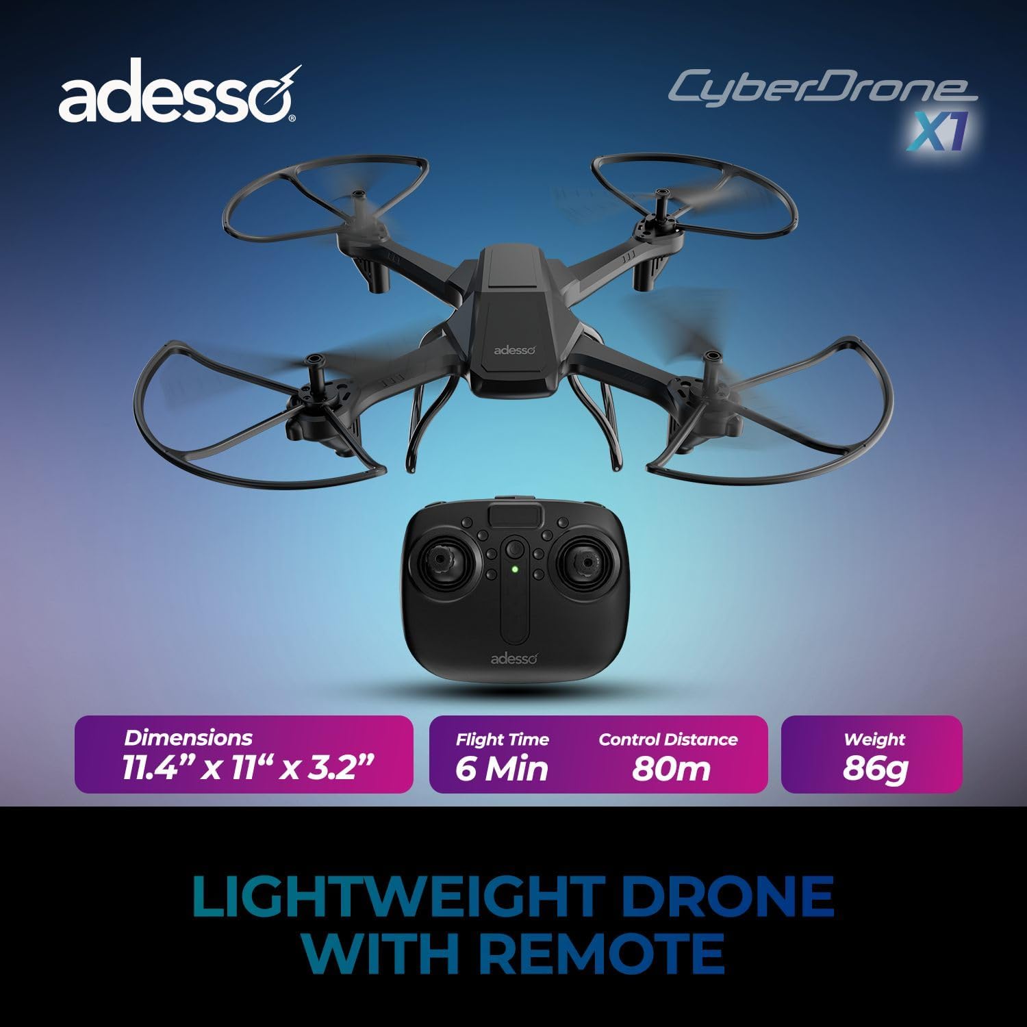 Adesso CyberDrone X1 Lightweight Remote Controlled Drone with 2.4GHz Controller Altitude Hold Headless Mode 3D Flips 720P