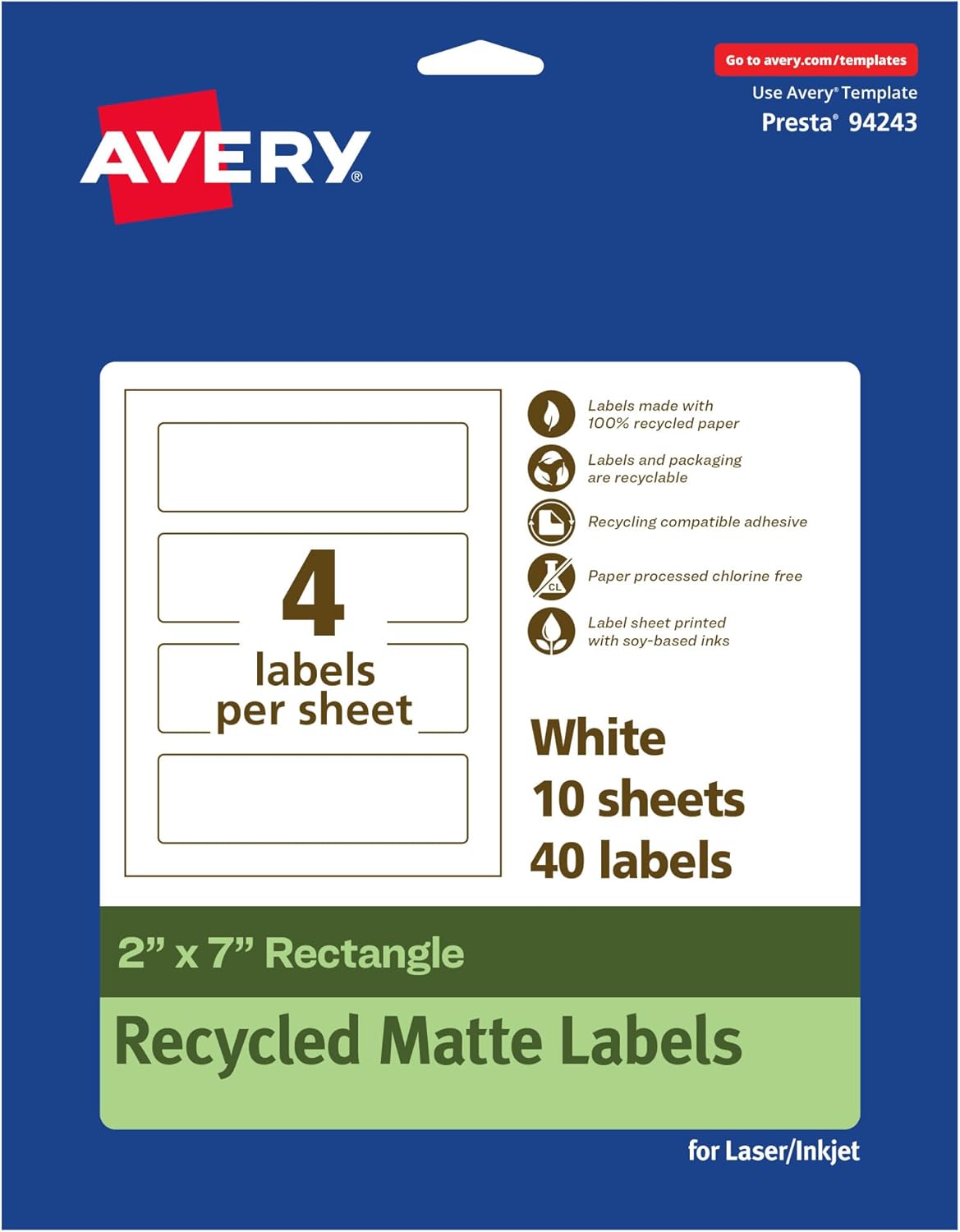 Avery EcoFriendly Matte White Recycled Rectangle Labels, 2" x 7", Print-to-The-Edge, Matte White Labels, Permanent Adhesive