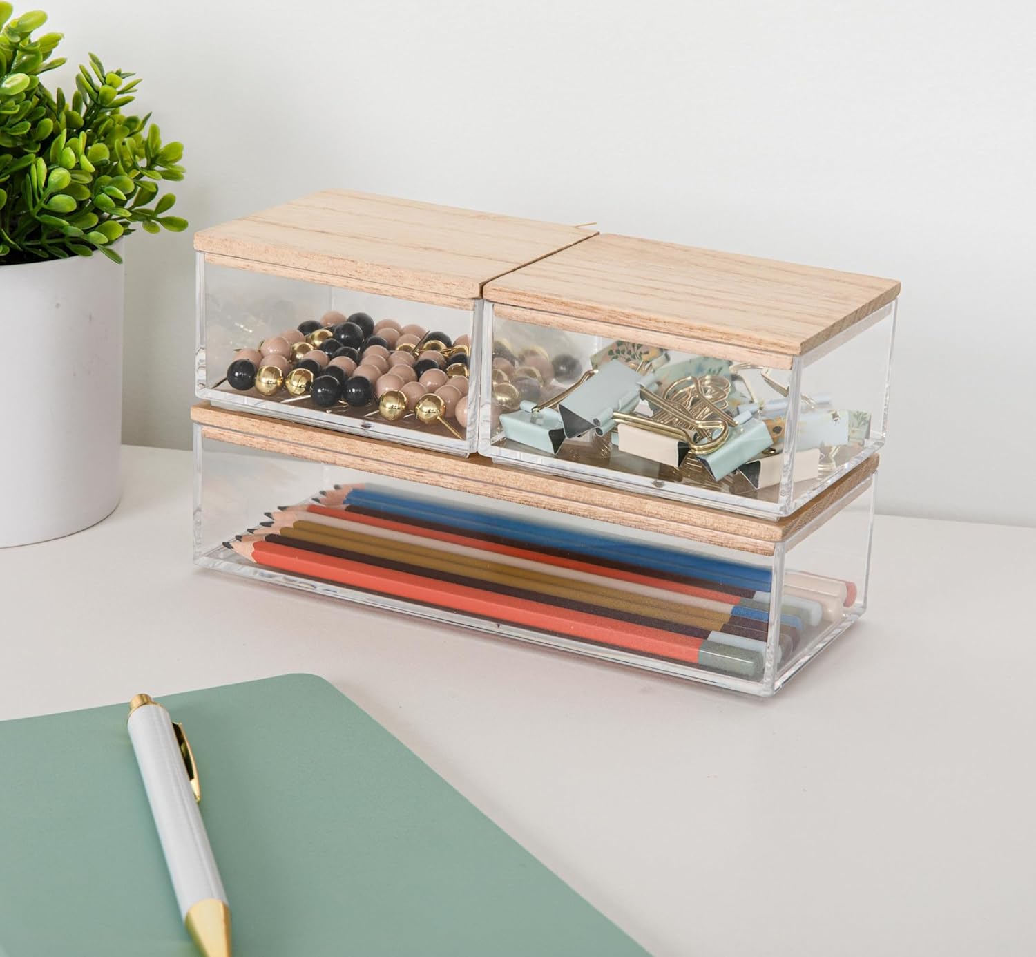 MARTHA STEWART Brody Plastic Storage Organizer Bins with Wood Lids