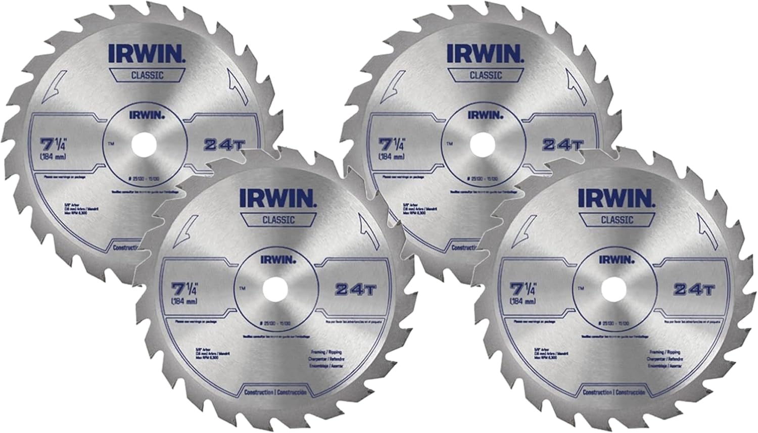 IRWIN Tools Classic Series Steel Corded Circular Saw Blade, 7 1/4-inch, 24T (25130) (Pack of 4) 7-1/4" (Pack of 4) 24T
