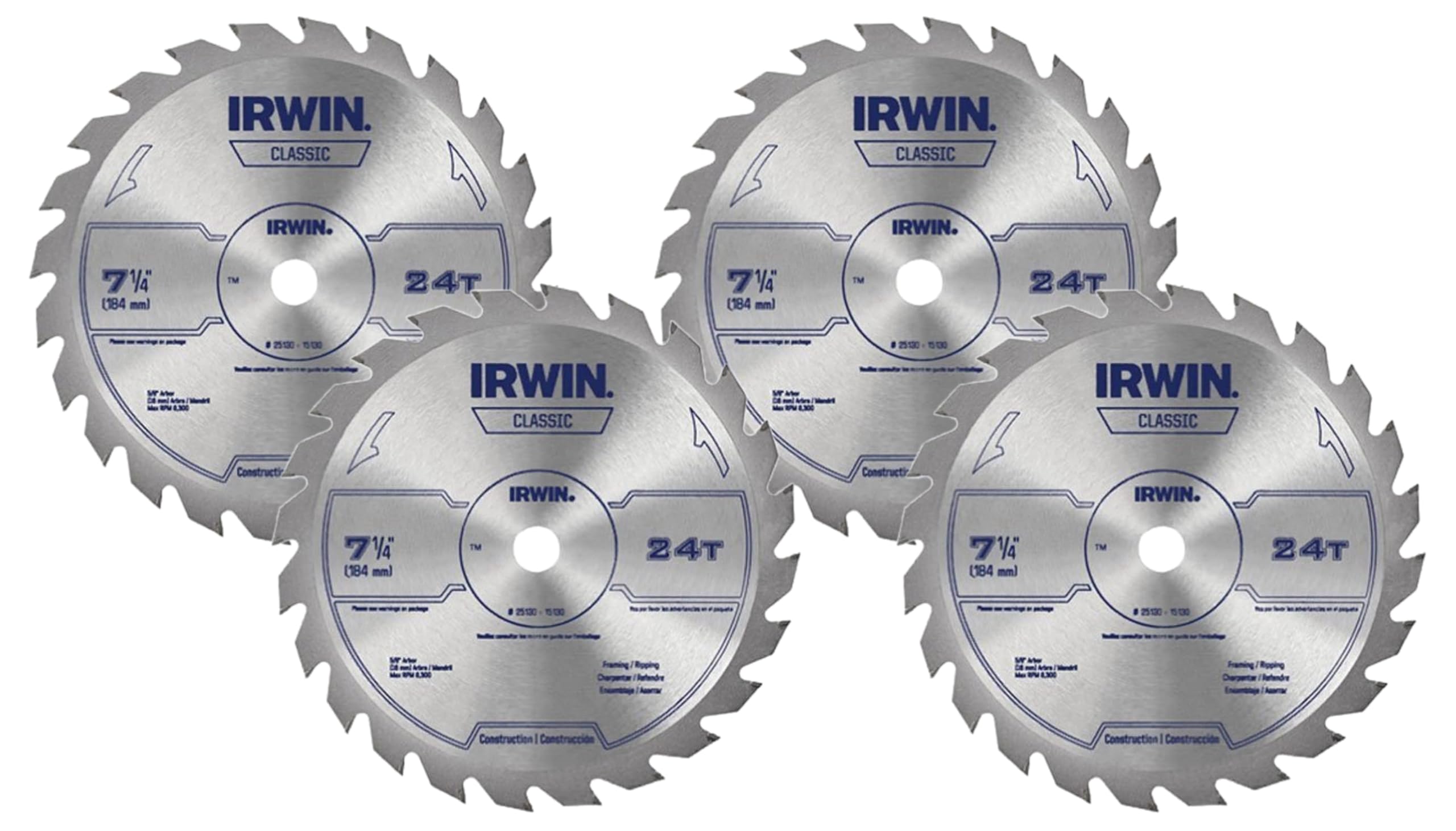 IRWIN Tools Classic Series Steel Corded Circular Saw Blade, 7 1/4-inch, 24T (25130) (Pack of 4) 7-1/4" (Pack of 4) 24T