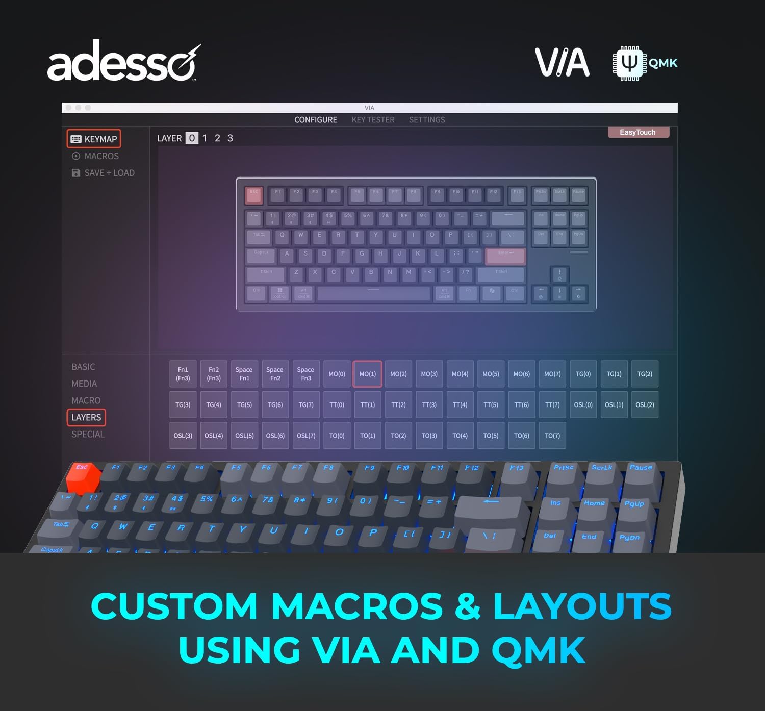 ADESSO EasyTouch 1100 Wired/Wireless/Bluetooth Multi-OS Illuminated Mechanical VIA Compact Keyboard with Copilot Ai Hotkey