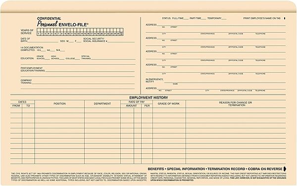 ComplyRight Envelo-File Confidential Personnel Folders, 9 1/2in x 15in, Manila, Pack Of 25