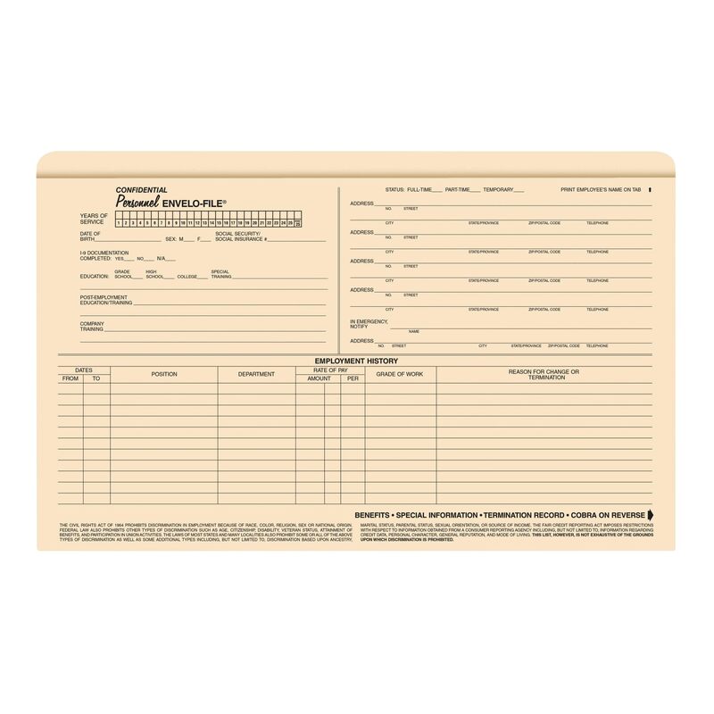 ComplyRight Envelo-File Confidential Personnel Folders, 9 1/2in x 15in, Manila, Pack Of 25