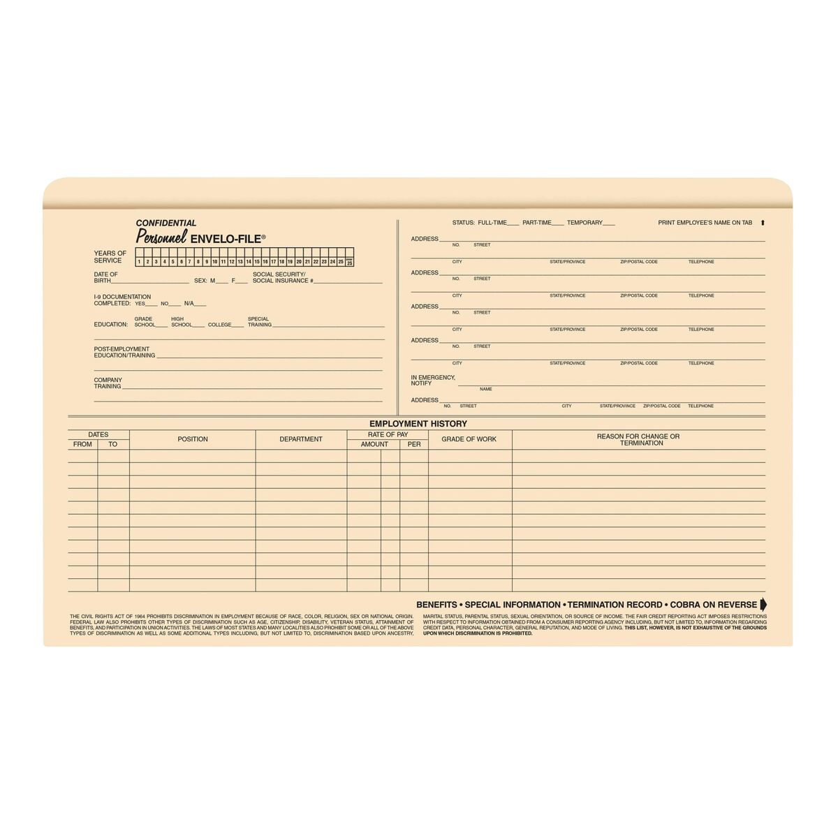 ComplyRight Envelo-File Confidential Personnel Folders, 9 1/2in x 15in, Manila, Pack Of 25