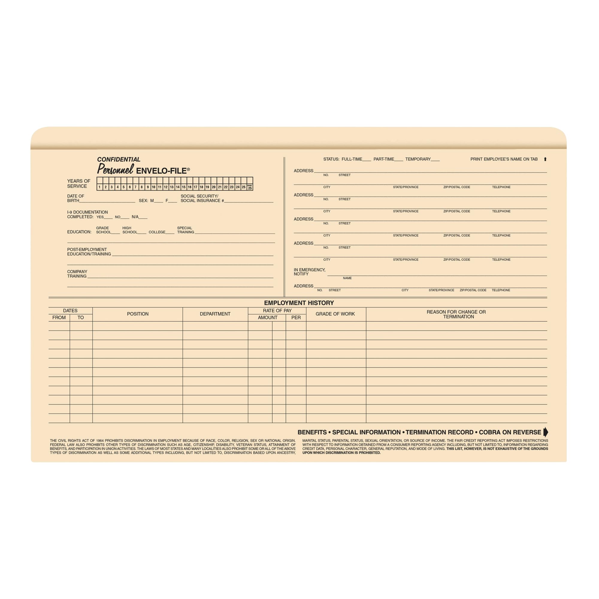 ComplyRight Envelo-File Confidential Personnel Folders, 9 1/2in x 15in, Manila, Pack Of 25