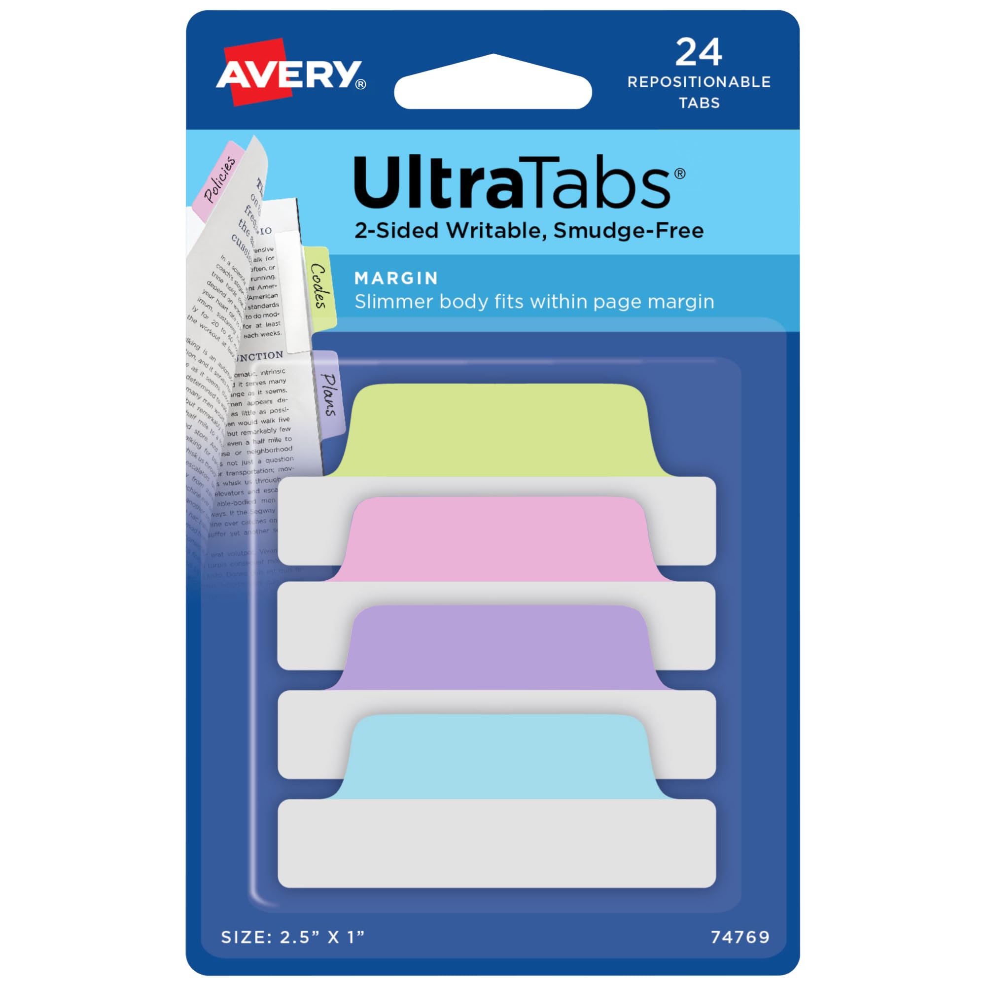 Avery Margin Ultra Tabs — Repositionable 2-Sided Writable Page Tabs