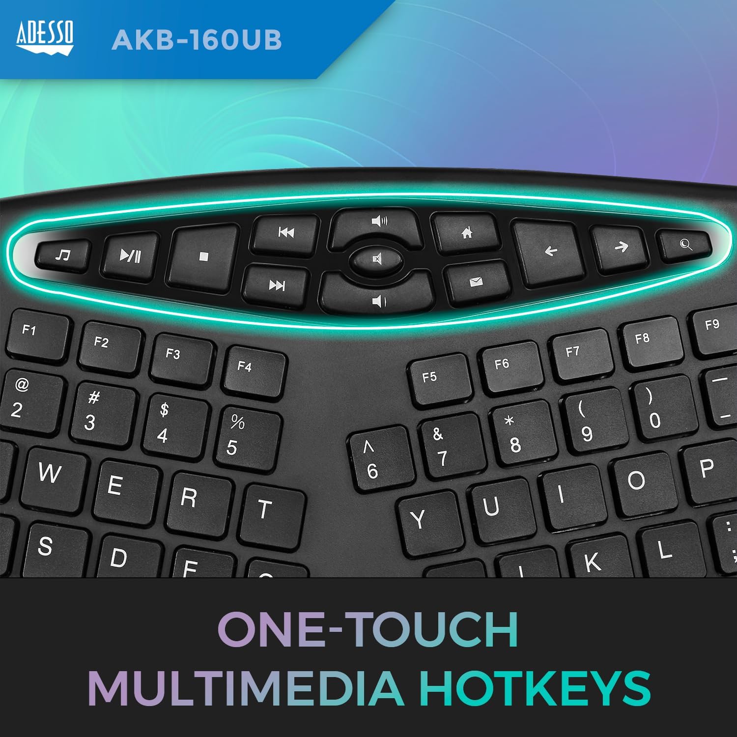 AKB-160UB Wired Ergonomic Keyboard with Integrated Palm Rest, Chiclet Keycaps, and Multimedia Hotkeys