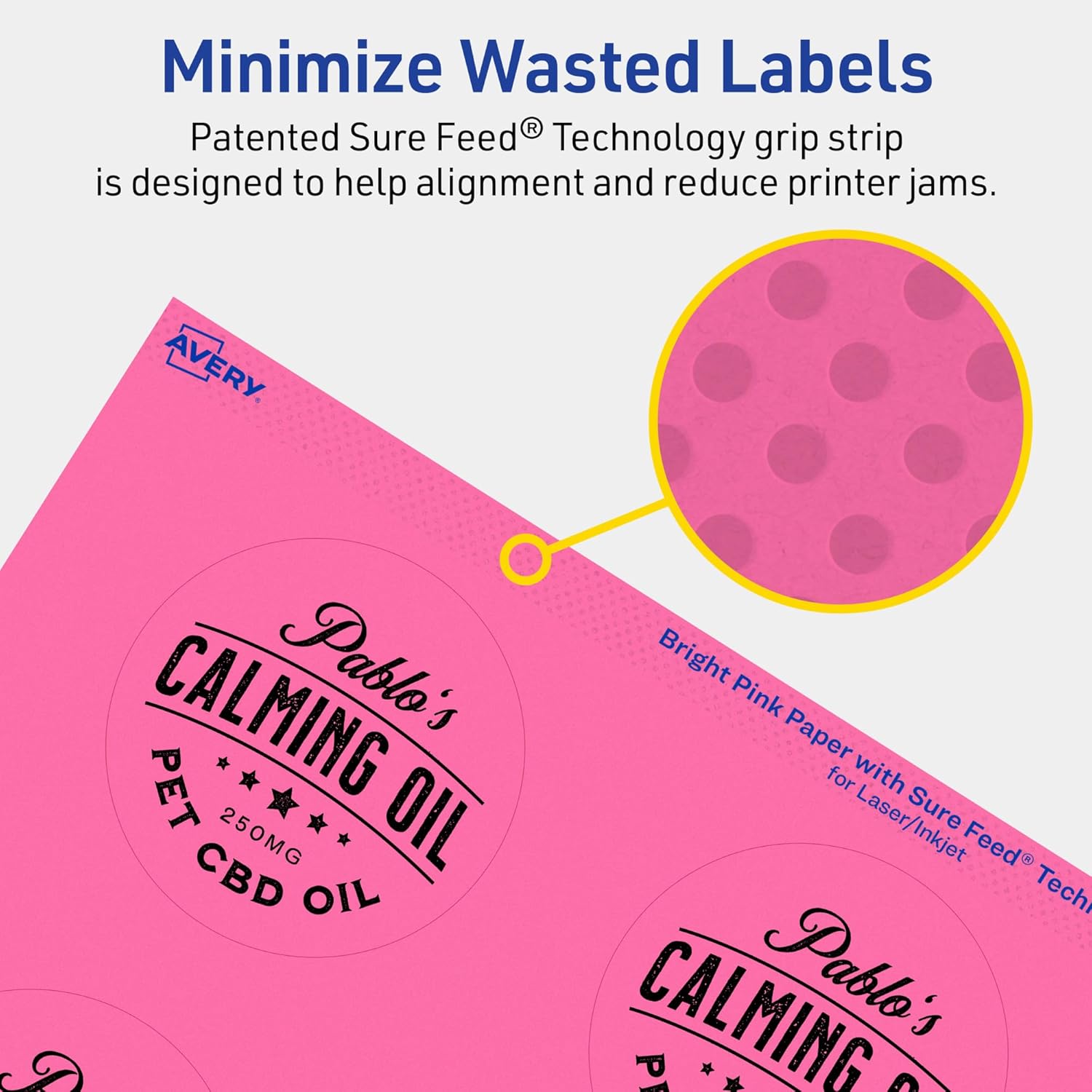 Avery Printable Round Labels, Sure Feed Technology, 2.75" Diameter, Bright Pink Labels, Print-to-The-Edge