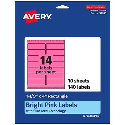 Avery Printable Rectangle Labels, Sure Feed Technology, 1-1/3" x 4", Bright Pink, Laser/Inkjet Printable