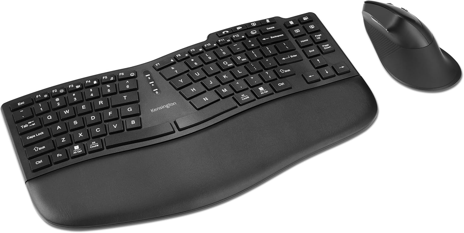 Kensington Pro Fit Ergo KM675 EQ Wireless Keyboard and Mouse, TKL Keyboard, Rechargeable Split Keyboard Ergonomic