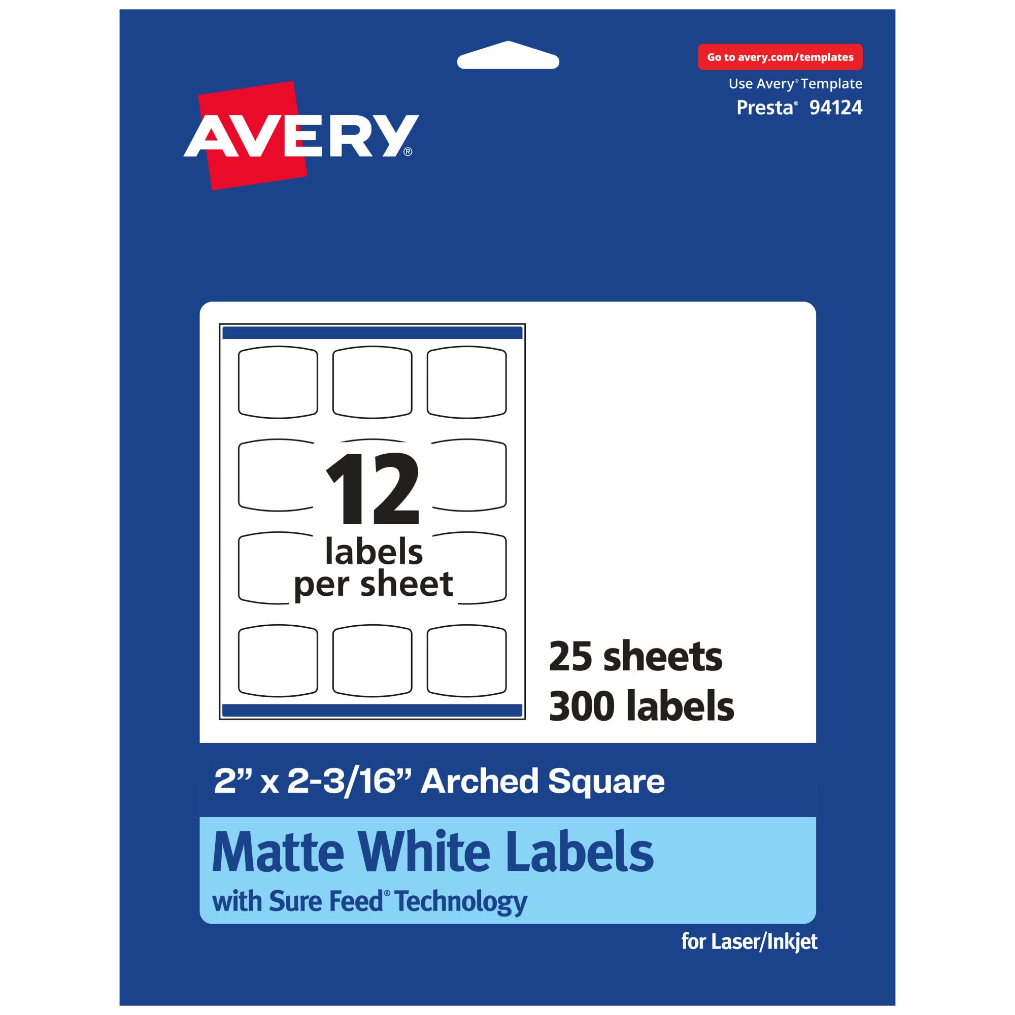 Avery Matte White Arched Square Labels, Sure Feed Technology, 2" x 2-3/16", Print-to-the-Edge, Permanent Adhesive