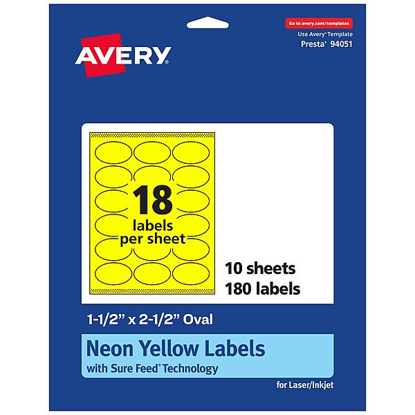 Avery Printable Oval Labels, Sure Feed Technology, 1-1/2" x 2-1/2", Neon Yellow, Laser/Inkjet Printable