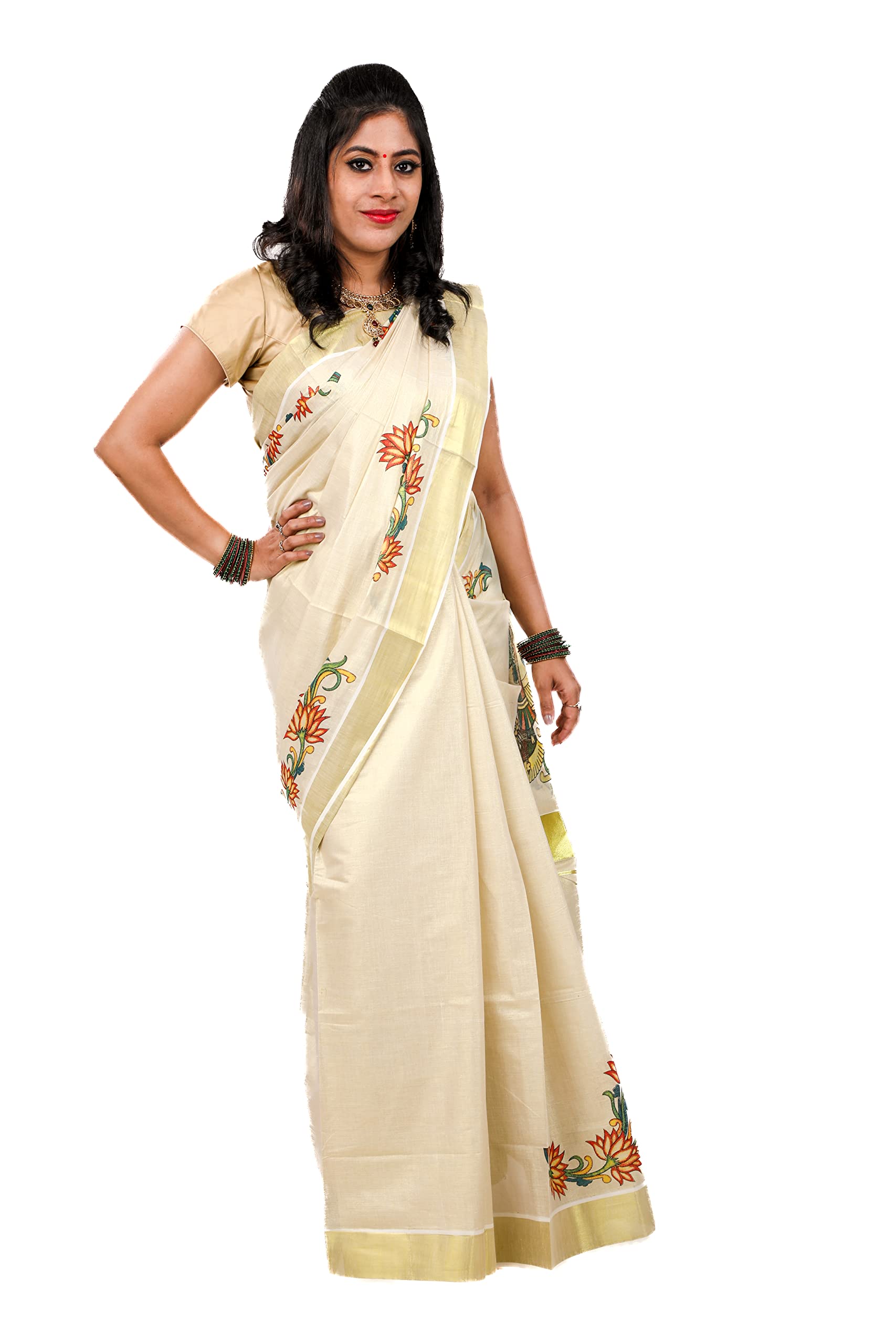 Kuthampully Kerala Kasavu Saree Tissue Mural Painted | Traditional South Indian Saree | Onam Saree - Multi Color KTM-643