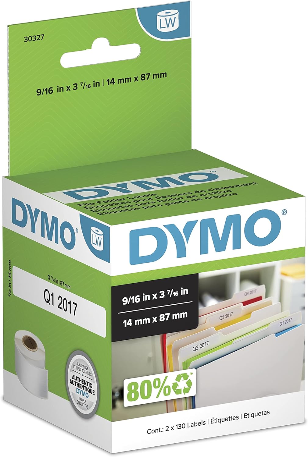 DYMO Authentic LW 1-Up File Folder Labels DYMO Labels for LabelWriter Label Printers White 9/16" x 3-7/16" 2 Rolls of 130