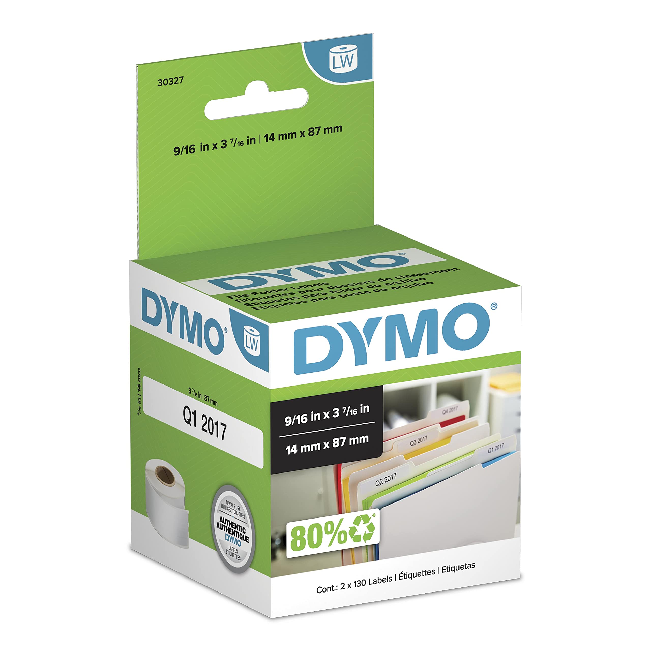 DYMO Authentic LW 1-Up File Folder Labels DYMO Labels for LabelWriter Label Printers White 9/16" x 3-7/16" 2 Rolls of 130