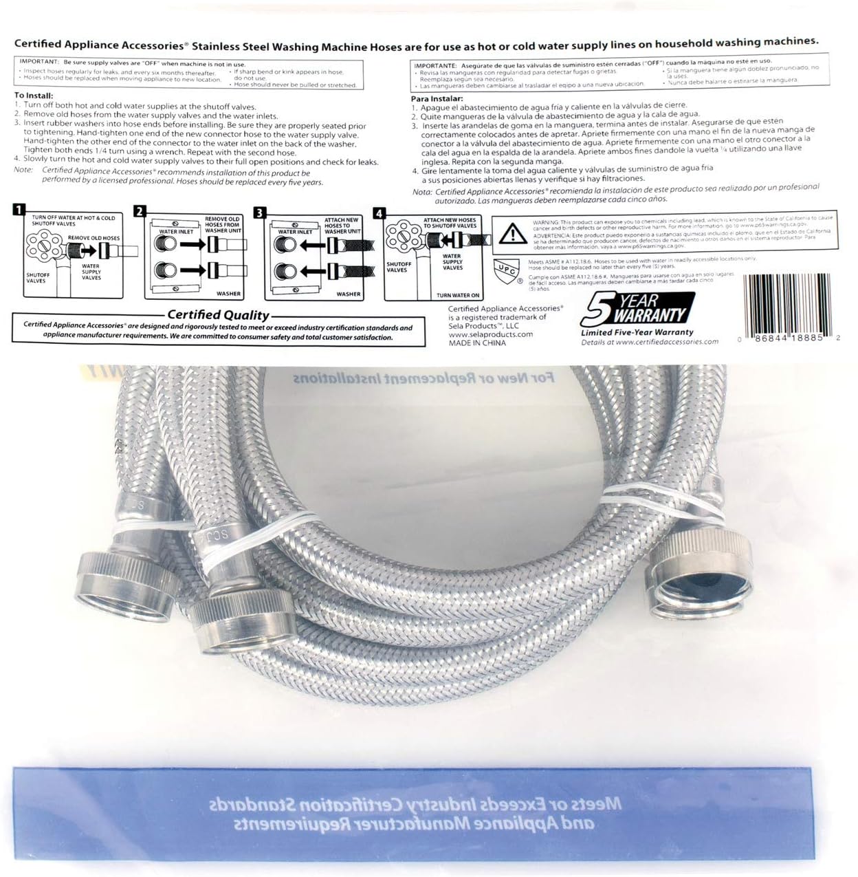 Certified Appliance Accessories Washing Machine Hoses (2 Pack), Hot and Cold Water Supply Lines, 4 Feet