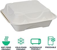 ECO PRODUCTS Compostable 8" Clamshell To Go Containers, Case of 200, 3 Compartment, Square Take Out Food Box, White Renewable Molded Fiber, Microwaveable & Freezable, Grease & Cut Resistant, ASTM