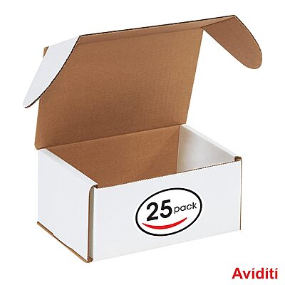 Aviditi White Corrugated Outside Tuck Mailing Boxes, 7 5/8" x 5 7/16" x 3 9/16", Pack of 25, Crush-Proof, For Shipping