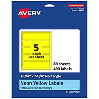 AVERY Printable Rectangle Labels, Sure Feed Technology, 1-3/4" x 7-3/4", Neon Yellow, Print-to-The-Edge