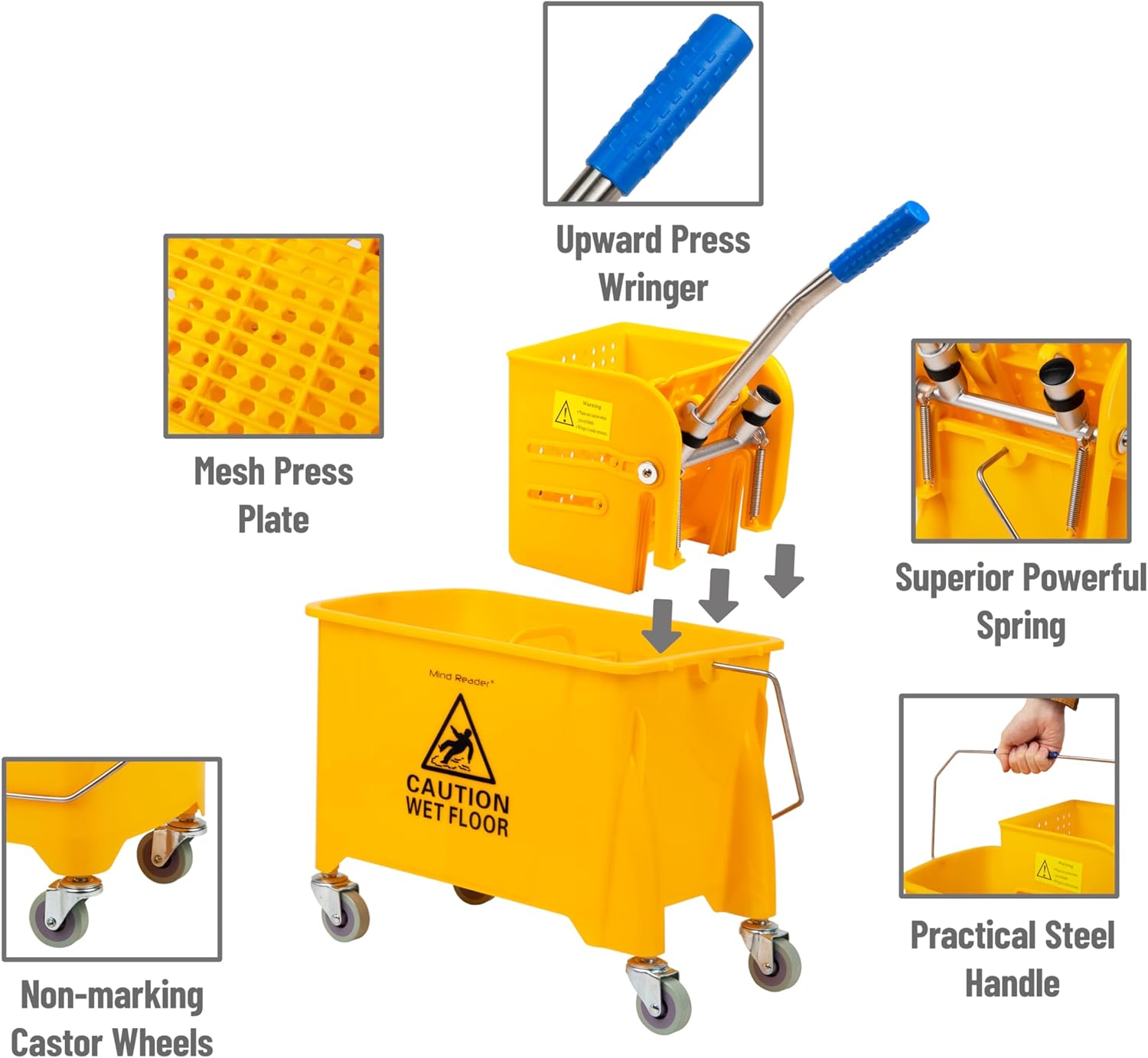 MIND READER Mop Bucket 22 Qt with Upward-Press Wringer
