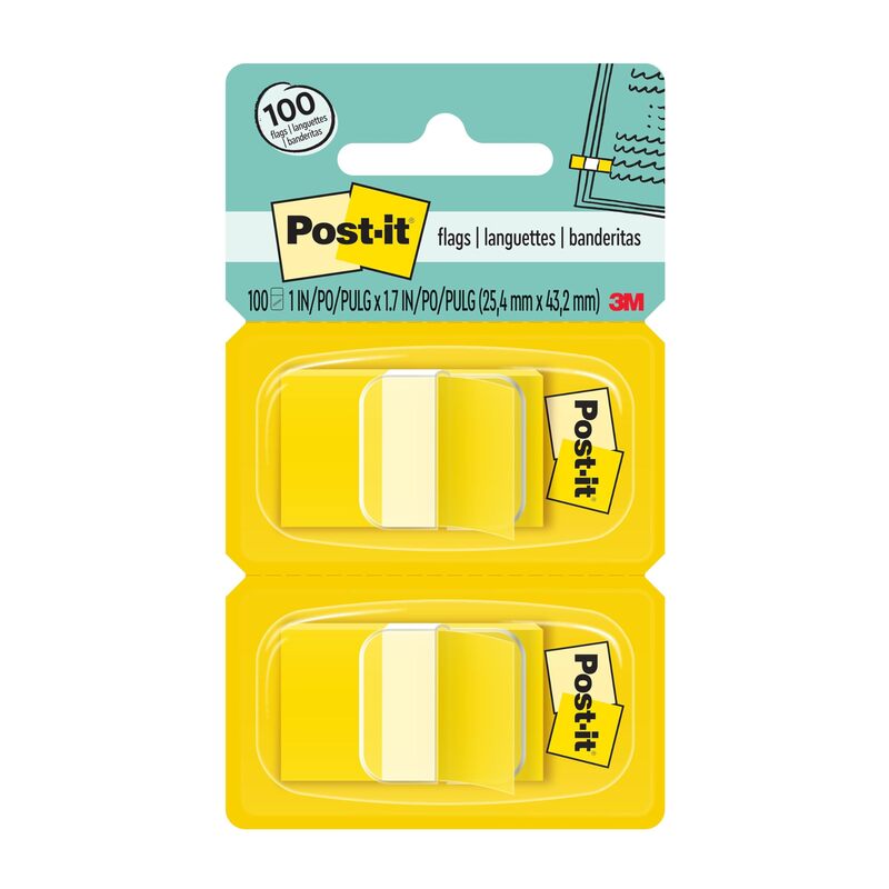 Post-it Flags, 50/Dispenser, 2 Dispensers/Pack, 1 in Wide, Yellow (680-YW2) 100 Flags Yellow