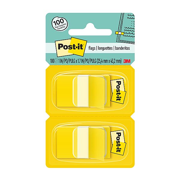 Post-it Flags, 50/Dispenser, 2 Dispensers/Pack, 1 in Wide, Yellow (680-YW2) 100 Flags Yellow