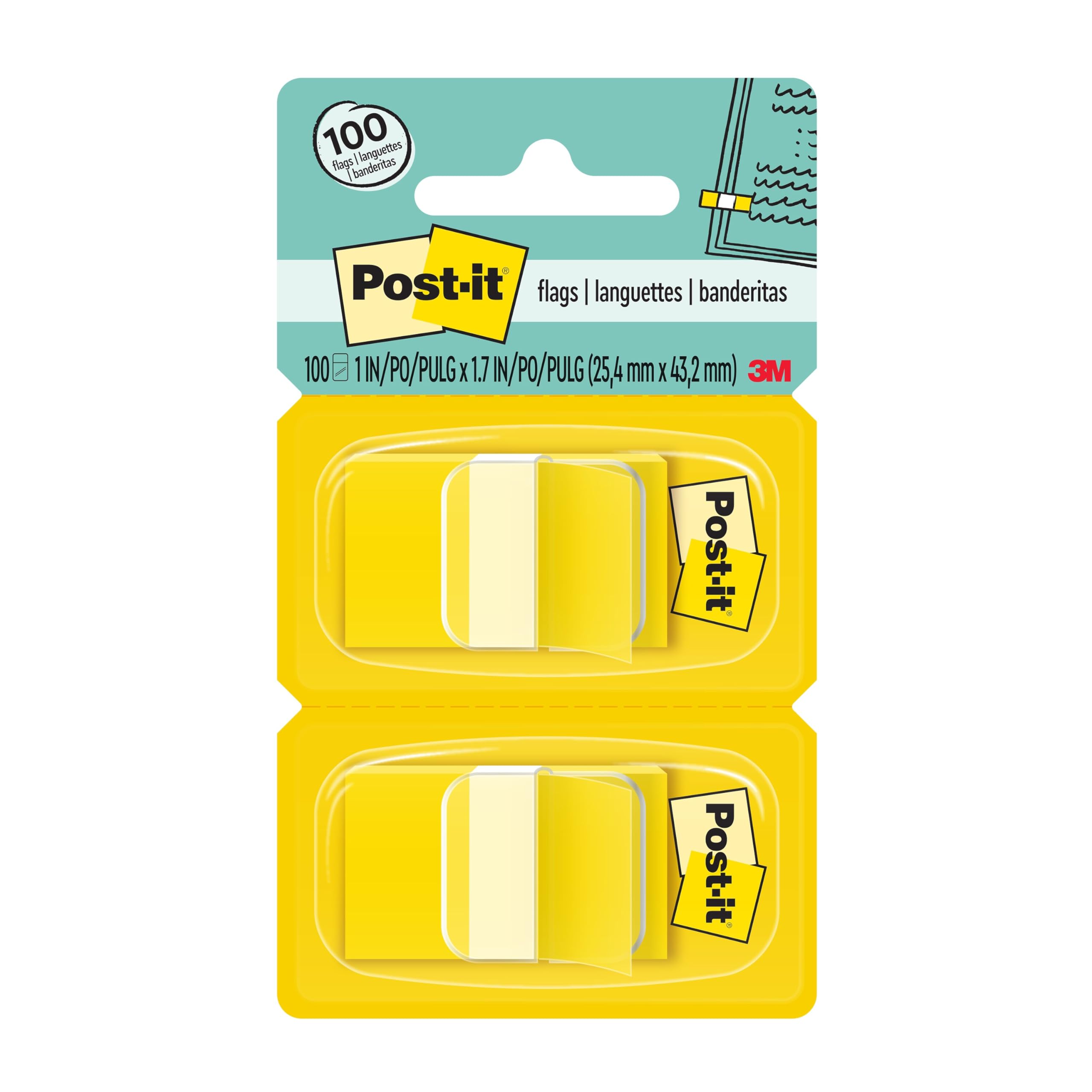 Post-it Flags, 50/Dispenser, 2 Dispensers/Pack, 1 in Wide, Yellow (680-YW2) 100 Flags Yellow