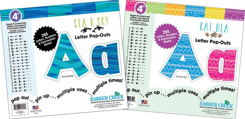 Barker Creek Letter Pop-Out Set of 2, 4" Kai Ola and Sea & Sky, Mixed-Design, 255 Upper and Lowercase Letters, Numbers & Punctuation Marks in Each of 2 Designs, 510 Characters Total (4130)