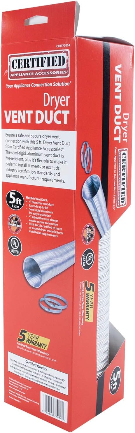 Certified Appliance Accessories CERT77007 Electric Dryer Duct Kit with 5 Foot Vent Duct and 6 Foot 4-Wire 30 Amp Power Cord