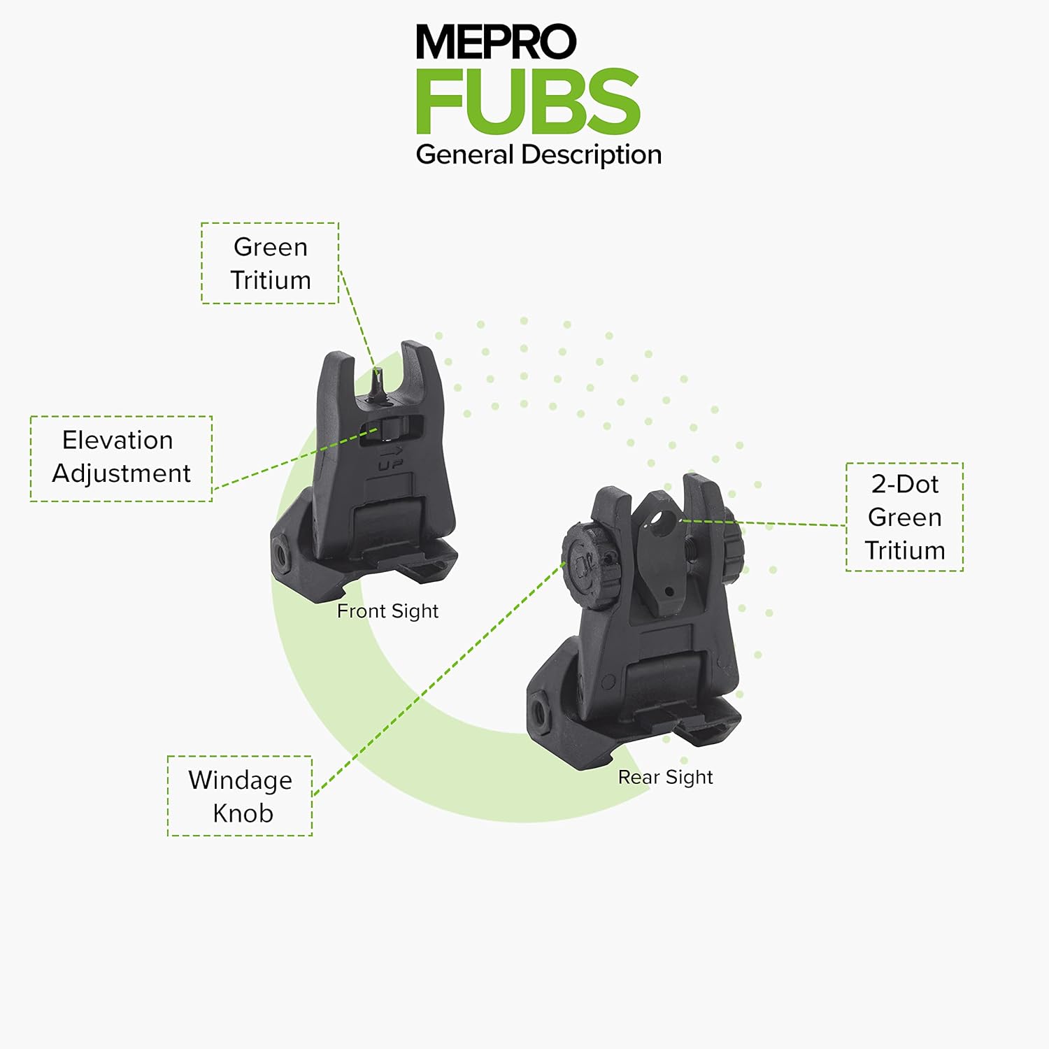 MEPROLIGHT MEPRO Fubs Flip-Up Backup Rear and Front tritium Sights, 2 Dot Rear / 1 Dot Front