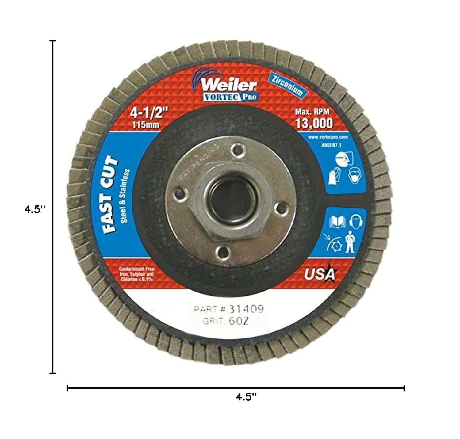 Weiler - 804-31409 31409 Vortec Pro Zirconia Alumina Type 27 Flap Disc, 60 Grit, 5/8-11 UNC, 13000 rpm, 4 1/2" (Set of 1/EA)
