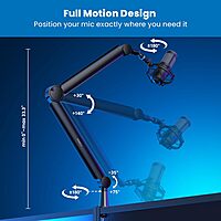 Mount-It! Mic Arm, Microphone Boom Arm, Adjustable Full Motion Mic Desk Mount, for Streaming, Gaming, Podcast, Recording, 3/8" and 5/8" Compatible, Height up to 33.3", Black