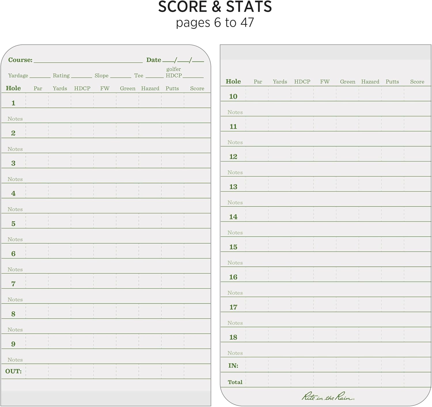 Rite in the Rain All-Weather Golf Notebook, 3.5" x 6", Green Field Flex (No. 4)