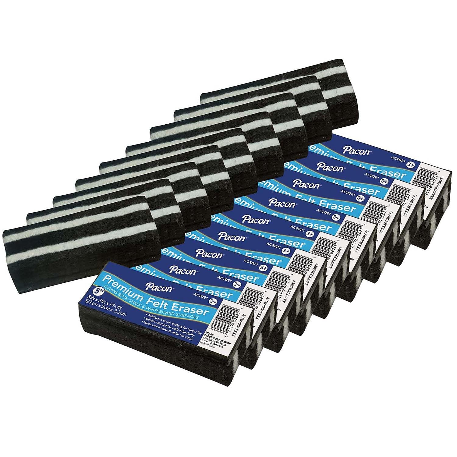 Pacon® Chalk & Whiteboard Eraser, Premium, 6 Black & White Felt Strips, Double-Stitched, Reinforced Backing, 5", Pack of 12