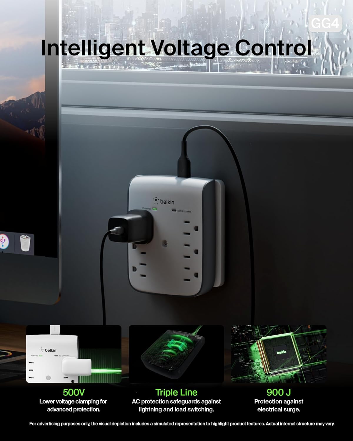Belkin 6-Outlet Wall Surge Protector w/ 2 USB-A Ports, Wall-Mountable - 900 Joules