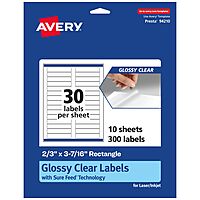 Avery Glossy Clear Rectangle Labels, Sure Feed Technology, 2/3" x 3-7/16"