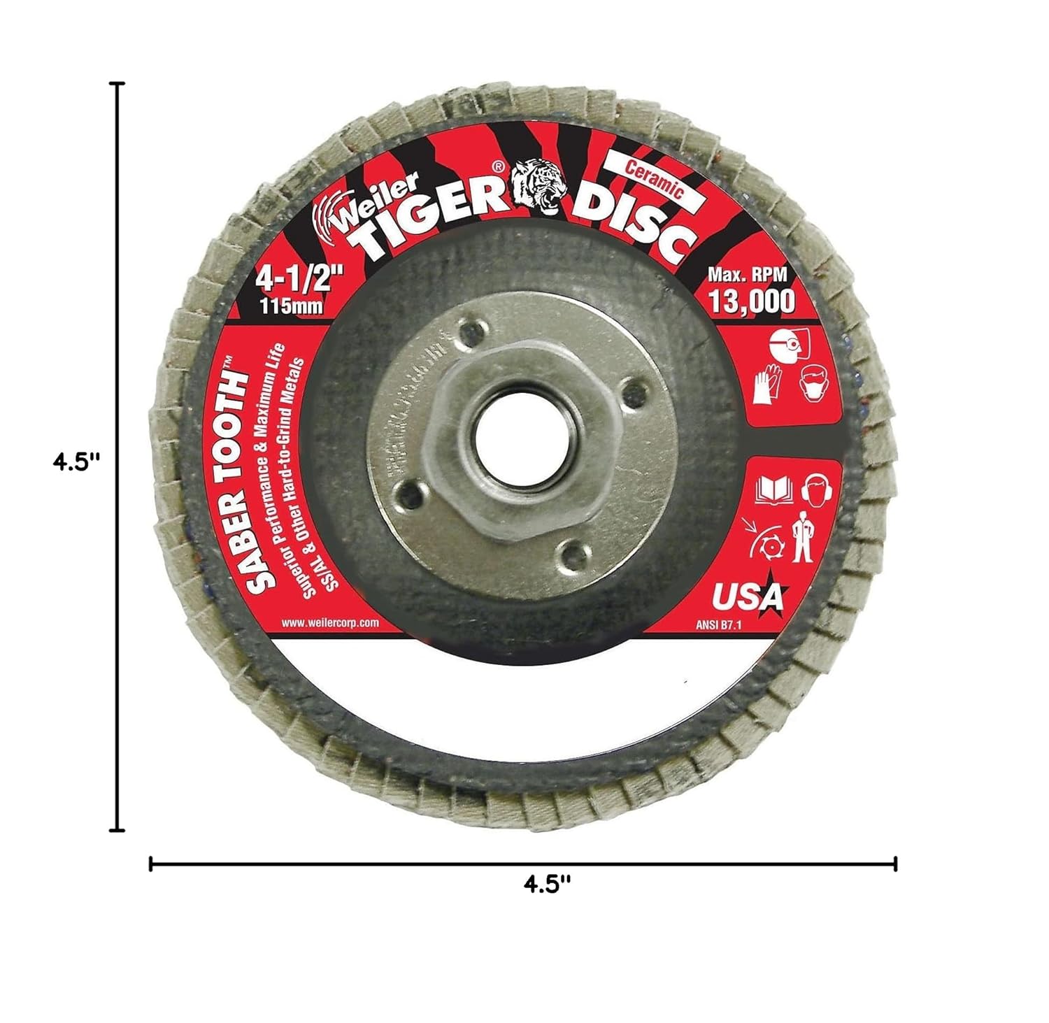 Weiler 804-50105 Saber Tooth Type 29 Angled Flap Disc, Ceramic Grain, 40 Grit, 5/8"-11" UNC, 13000 rpm, 4-1/2"