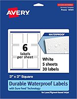 Avery Durable Waterproof Square Labels, Sure Feed Technology, Print-to-The-Edge, 3" x 3"