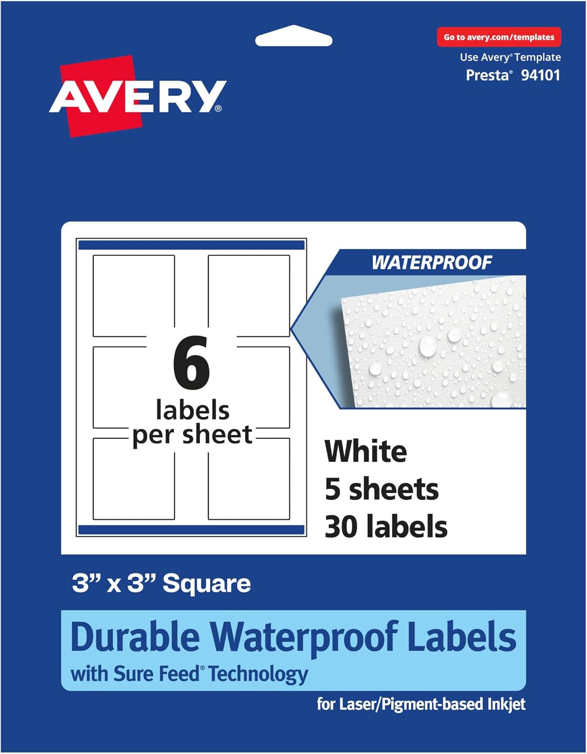 Avery Durable Waterproof Square Labels, Sure Feed Technology, Print-to-The-Edge, 3" x 3"