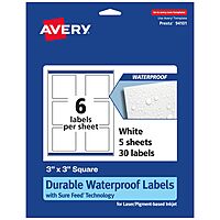 Avery Durable Waterproof Square Labels, Sure Feed Technology, Print-to-The-Edge, 3" x 3"