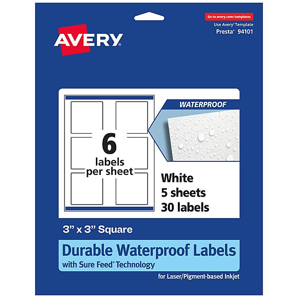 Avery Durable Waterproof Square Labels, Sure Feed Technology, Print-to-The-Edge, 3" x 3"