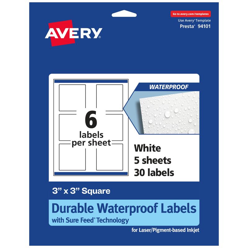 Avery Durable Waterproof Square Labels, Sure Feed Technology, Print-to-The-Edge, 3" x 3"