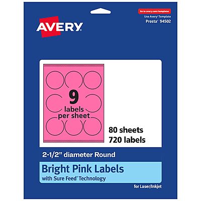 Avery Printable Round Labels, Sure Feed Technology, 2-1/2" Diameter, Bright Pink, Print-to-the-Edge, Laser/Inkjet Printable