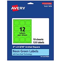 Avery Printable Arched Square Labels with Sure Feed Technology, 2 in. x 2-3/16 in., Neon Green, Print-to-The-Edge, Laser/Inkjet