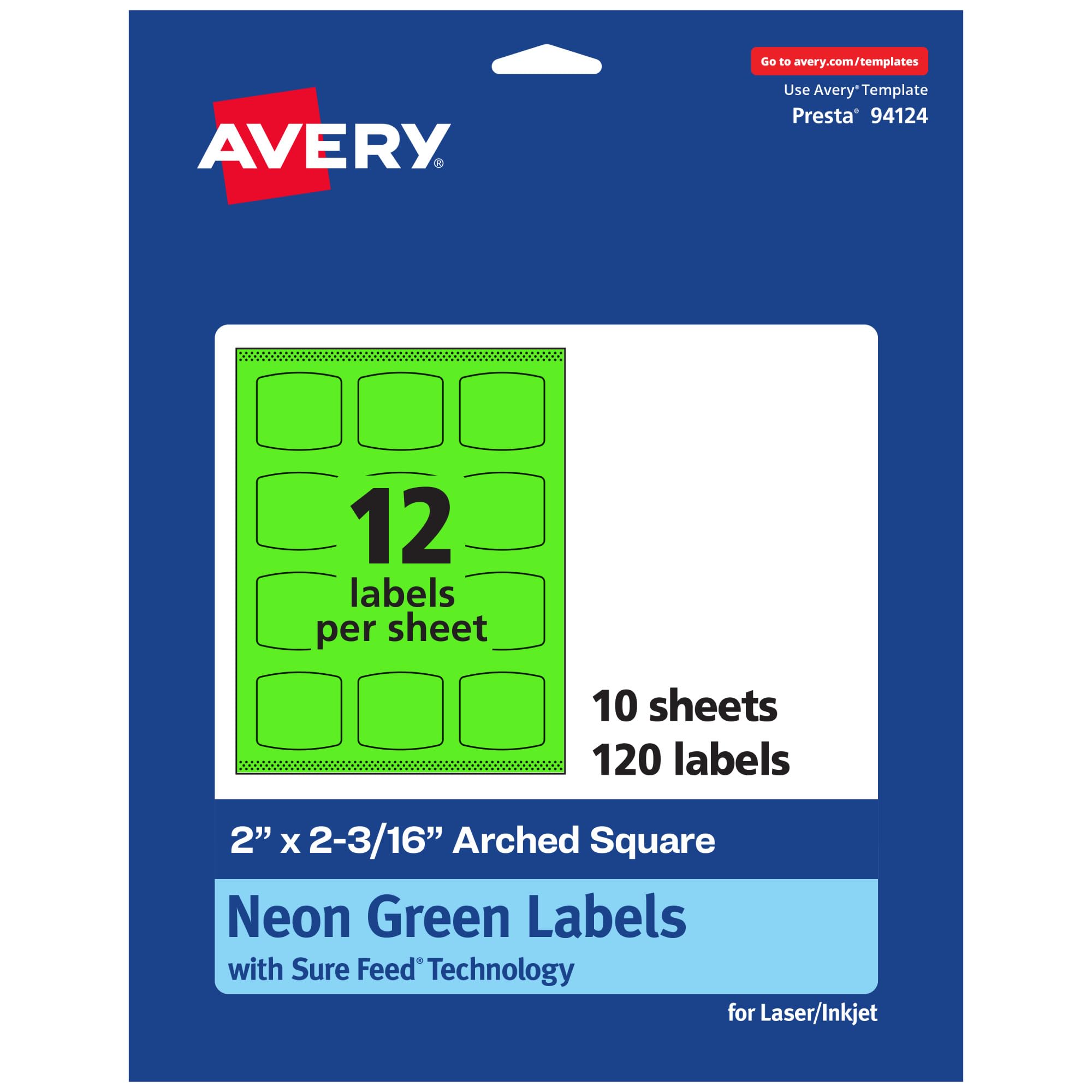 Avery Printable Arched Square Labels with Sure Feed Technology, 2 in. x 2-3/16 in., Neon Green, Print-to-The-Edge
